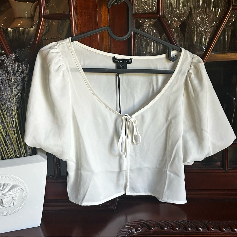 Sincerely Jules White Puff Sleeve Tie Coverup Top
